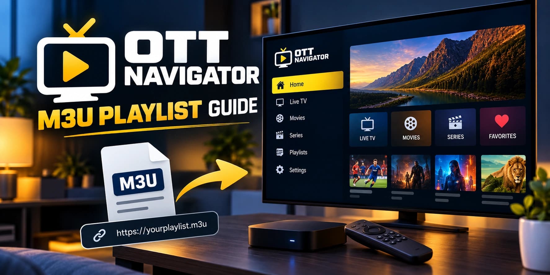 OTT Navigator M3U playlist guide showing a playlist flowing into the IPTV player